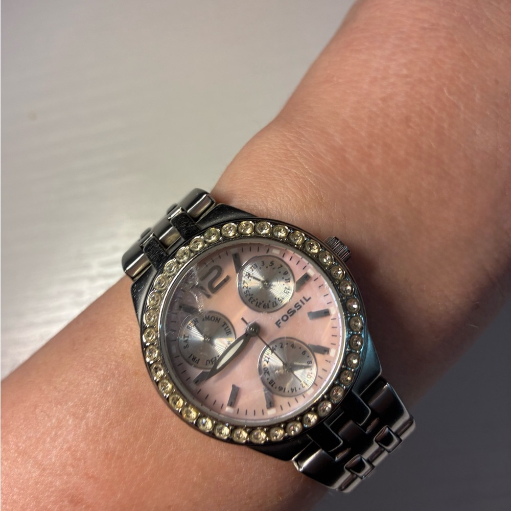 Fossil Pink Dial Silver Watch